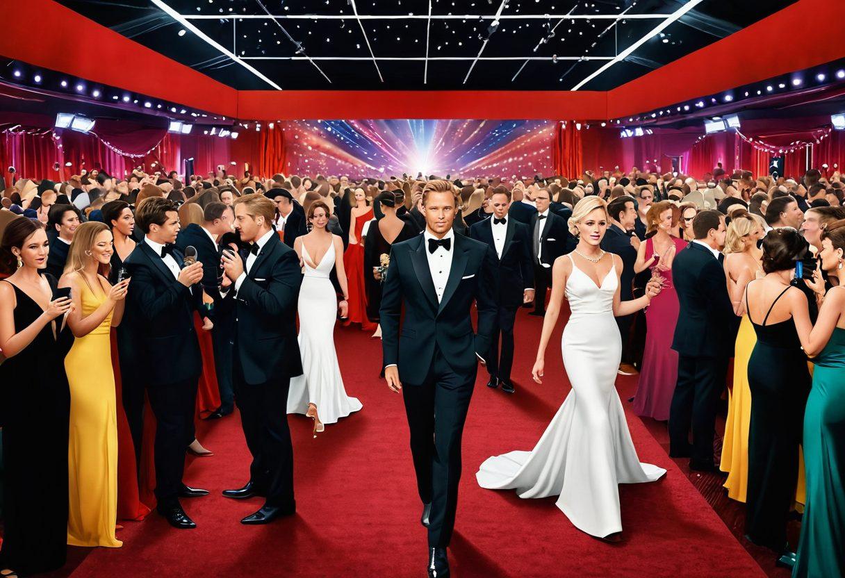 A glamorous scene depicting a bustling red carpet event filled with celebrities, showcasing an array of dazzling outfits and lively interactions. In the background, a crowd of photographers captures the moment, while colorful lights flash around the venue. The atmosphere is vibrant, filled with excitement and intrigue, symbolizing the essence of celebrity culture. super-realistic. vibrant colors. 3D.
