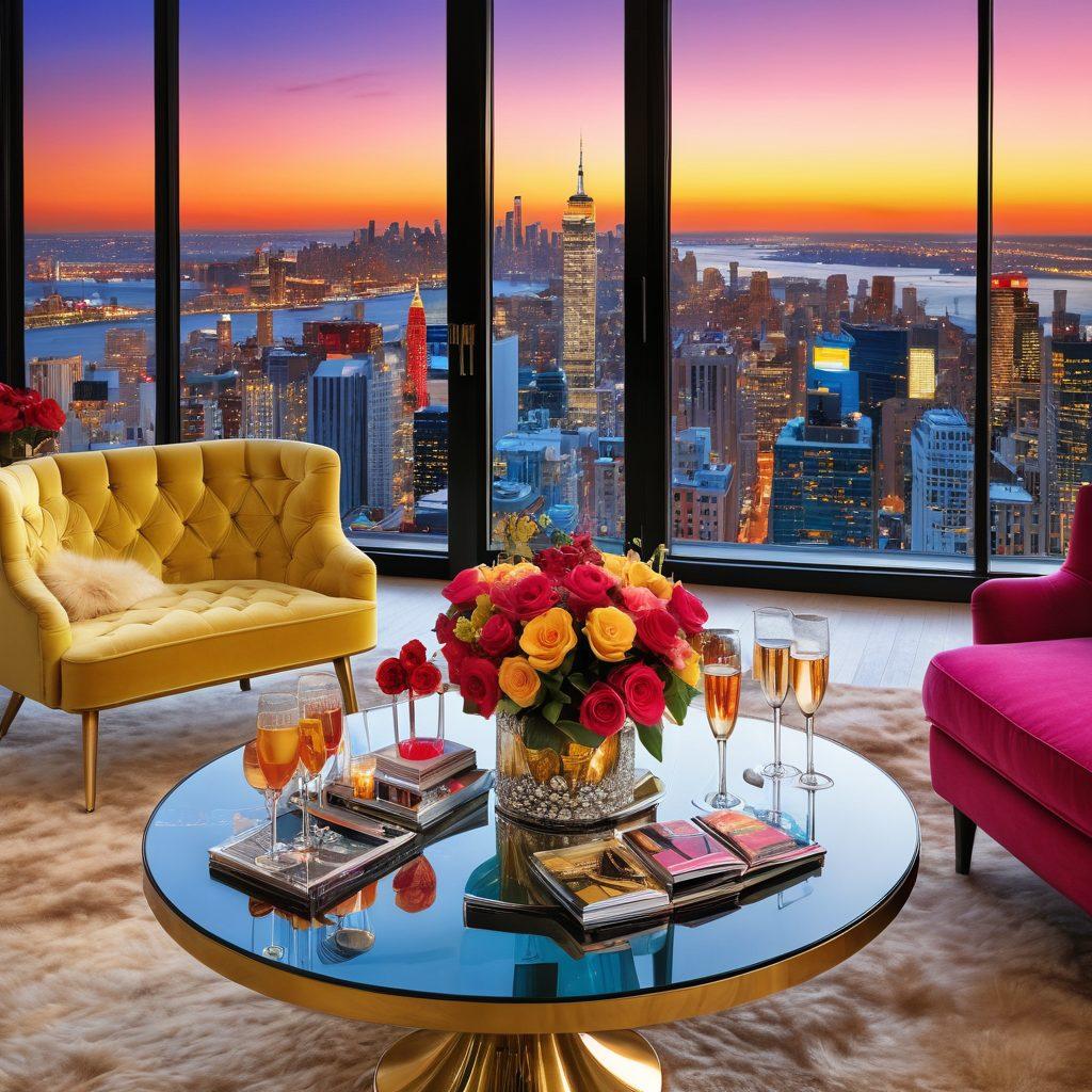 A luxurious scene featuring a stylish penthouse filled with glamorous celebrity artifacts, gossip magazines, and trendy fashion items. The background showcases a bustling city skyline at sunset with paparazzi flashes in the distance. Include a chic table with a glass of champagne, allowing a glimpse of a celeb's latest fashion choice on a magazine cover. Add pops of gold and vibrant colors to enhance the glamour. vibrant colors. super-realistic.